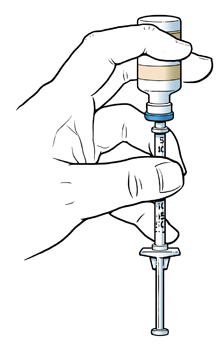 Hand holding syringe and vial. Syringe is underneath vial with plunger pulled out.